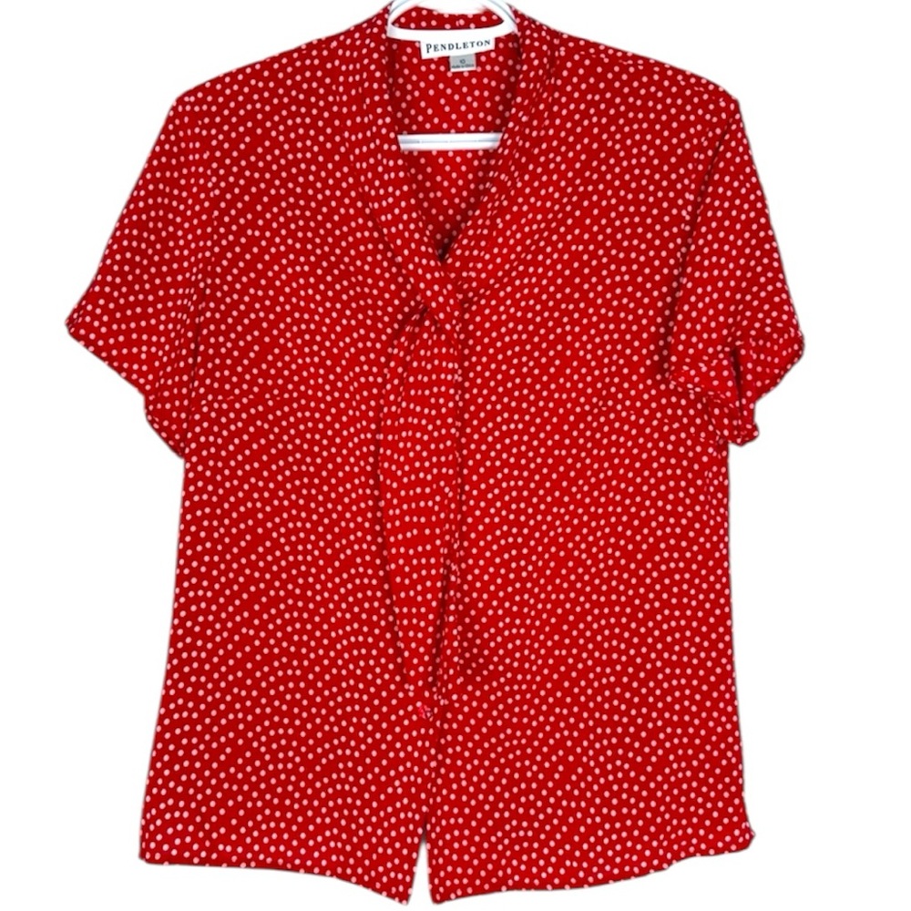 Pendleton Silk Polka Dot Blouse Red White Button Front Size 10